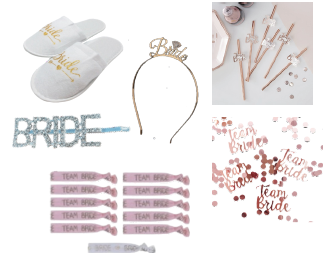 Chaussons / 10 pailles / serre tête / barrette / confettis / 10 bracelets / écharpe. Couleur rose inscription bride ou team bride