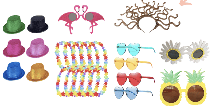 Set de déguisement : Lunettes ananas, flamant rose, couronne médusa, couronnes fleurs, lunettes cœurs, chapeaux paillettes, chapeau pirate, lunettes marguerite, lunettes martinis