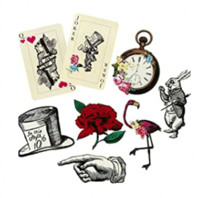 8 affiches XXL sur le thème d'Alice au Pays des Merveilles. Jeu de carte, Montre à gousset, lapin, chapeau..