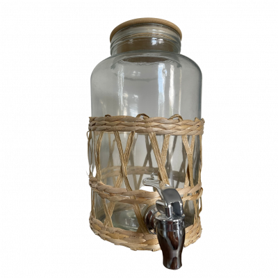 Fontaine a boisson en verre, couvercle métal, entouré d'osier