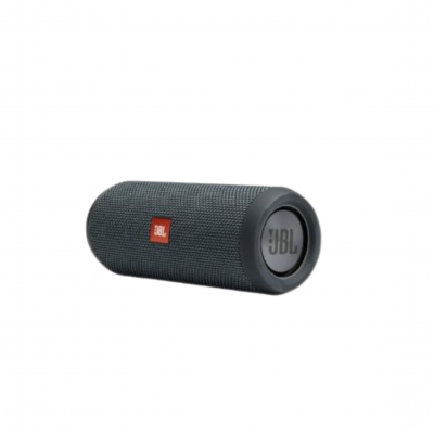 Enceinte Bluetooth JBL de couleur noire, avec logo JBL, légèrement inclinée vers l'avant.